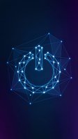 Digital power button formed by glowing blue connected lines and dots on dark gradient background for technology and innovation concepts.