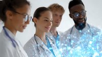Diverse medical team analyzing digital hologram data visualization with glowing blue network connections and nodes in modern hospital setting.