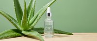 Aloe vera gel serum in clear dropper bottle with fresh plant leaves on wooden surface against soft green background for skincare and cosmetic product marketing.