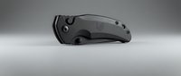 Modern tactical folding knife with black handle and steel blade on neutral background for outdoor gear and survival equipment concepts.