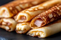 Thin delicate crepes rolled with ham and cheese filling on dark slate background, macro food photography showing crispy texture and melted cheese.