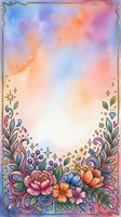 Watercolor gradient background with ornate gold border frame, featuring colorful hand-drawn floral elements, decorative leaves, and botanical flourishes at bottom. Soft pastel blend of blue, pink, orange, and purple tones creating dreamy atmosphere. Isolated design ready for invitations, greeting cards, posters, and digital projects.