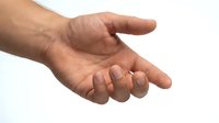 Open male hand gesture isolated on white background showing palm and fingers in receiving or giving position for business and communication concepts.