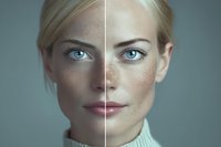 Young blonde Caucasian woman face split showing skin transformation from freckled to smooth complexion for skincare treatment comparison concept.