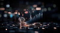Glowing cryptocurrency coin with financial chart and stacked coins on dark background with bokeh lights, showing digital currency market trends and trading.