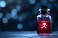 Small glass bottle with skull and crossbones symbol containing red liquid against dark blue bokeh background, dramatic lighting creates mysterious atmosphere.