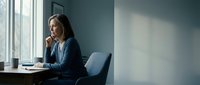 Woman in business casual attire sitting at desk by window, working on laptop, contemplative expression, suitable for corporate, professional, and business themes.