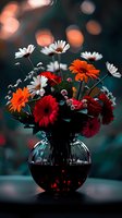Vibrant gerbera daisies and white chamomile flowers arranged in round glass vase against dark background with bokeh lights creating moody atmosphere.