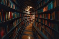 Curved wooden pathway through grand library with towering bookshelves creating tunnel effect, warm light illuminating colorful book spines at the end of corridor.