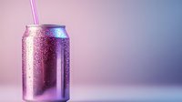 Cold aluminum can with condensation drops and drinking straw against purple gradient background. Fresh beverage with water droplets in modern minimalist style.