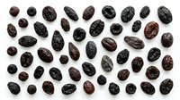 Dark dried raisins scattered on white background, healthy snack ingredient for baking, cooking and nutrition isolated for design use.