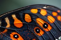Macro close-up of vibrant orange and black butterfly wing showing detailed patterns, spots and intricate textures for nature and wildlife designs.