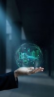 Hand holding glowing digital globe with holographic cityscape and network connections, representing global business, smart city technology, and digital innovation for corporate solutions.