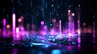 Futuristic cityscape with glowing neon lights and digital particles creating atmospheric cyberpunk scene. Purple and blue bokeh effects reflect on wet surface.