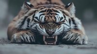 Fierce Sumatran tiger showing teeth while resting, close-up portrait of big cat with intense expression and visible fangs against blurred background.