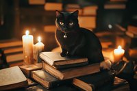 Black cat sitting on stack of old books surrounded by glowing candles in dark atmospheric room, creating mysterious and cozy autumn mood.