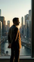 Professional businessman in suit standing by office window overlooking city skyline at sunset, contemplating future business opportunities and success.