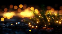 Magical holiday bokeh lights glowing in darkness with pine branches creating festive Christmas atmosphere. Defocused golden circles create dreamy winter mood.