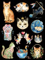 Whimsical cat collection featuring sitting tabby, sleeping calico, playful black kitten, crowned feline face, paw print, dancing pair, moon dreamer, decorative silhouette, yarn bowl, and botanical cat. Isolated on transparent background, ready for t-shirts, stickers, clipart, sublimation, and print-on-demand designs.