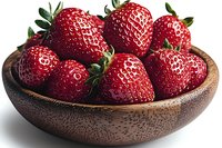 Fresh ripe strawberries in wooden bowl on white background, bright red berries with green leaves showing natural texture and juicy appearance.