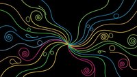 Abstract colorful swirls and spirals flowing from center on black background. Digital art with neon rainbow lines creating dynamic movement pattern.