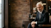 Senior man with gray hair and beard, Caucasian ethnicity, wearing dark business suit and tie, sitting in modern office or upscale interior with brick wall background. Professional executive portrait.