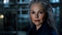 Confident mature woman with long silver gray hair wearing dark blue blazer against modern office background, dramatic lighting creates professional atmosphere.