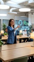 Woman in business casual attire pointing at holographic customer support hub display in modern office with colleagues, plants, and pendant lighting for corporate training and technology concepts.