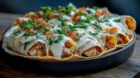 Delicious chicken enchiladas with melted cheese, fresh herbs and colorful vegetables in cast iron skillet for Mexican cuisine and comfort food recipes.