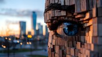 Surreal urban art installation featuring pixelated eye made of wooden blocks against blurred city skyline at sunset, creating dramatic architectural contrast.