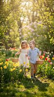 Happy Caucasian children walking through spring garden with tulips and daffodils, carrying wicker baskets in golden sunlight for Easter celebration.