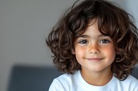 Smiling mixed race child with curly brown hair and bright blue eyes wearing white t-shirt against gray background. Natural lighting creates soft portrait mood.
