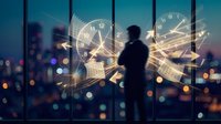 Business professional silhouette against city skyline with glowing clock and data visualization overlays representing time management and productivity.