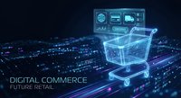 Futuristic digital shopping cart with holographic interface icons floating above glowing data streams representing online commerce and retail technology.
