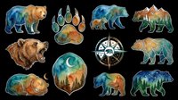 Watercolor bears in various poses and styles with forest landscapes, paw prints, compass rose, and moon elements isolated on transparent background. Ready for t-shirt designs, clipart, stickers, sublimation, and print-on-demand projects.