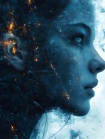 Profile silhouette with cosmic galaxy overlay in deep blue tones and glowing orange sparks creating ethereal double exposure effect for spiritual concepts.