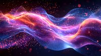 Cosmic energy waves flow through starry space, featuring vibrant pink, purple, and blue ethereal light streams against dark galaxy background with glowing particles.