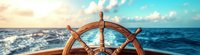 Wooden ship steering wheel against ocean horizon at sunset, waves splashing and blue sky with clouds, maritime navigation and adventure concept.