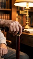 Senior man's weathered hand gripping wooden cane in warm library setting with brass lamp and bookshelves, representing aging, mobility assistance, and retirement lifestyle.