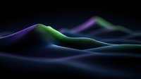 Mysterious glowing landscape with smooth rolling hills illuminated by ethereal green and purple light against dark background, creating abstract terrain.