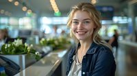 Young Caucasian woman with blonde hair smiling warmly in modern office environment. Natural lighting and blurred background create professional atmosphere for business or workplace concepts.