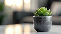 Vibrant green succulent plant in modern black ceramic pot against blurred background, creating minimalist home decor composition with soft bokeh lighting effect.