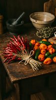 Dried red chili bundle tied with twine beside fresh habanero and jalapeno peppers on rustic wooden table with mortar and pestle.