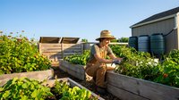 Young Caucasian male farmer in straw hat tending to organic vegetable garden with raised beds and storage silos in background during golden hour.