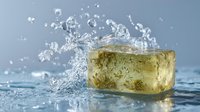 Transparent yellow soap bar with water splash on blue background, showcasing freshness and cleanliness for personal care product advertising.