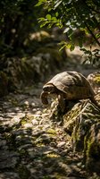 Wild tortoise walking on mossy rocks in natural forest habitat with dappled sunlight filtering through green foliage overhead.