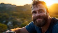 Bearded Caucasian man smiling at sunset with golden backlight, wearing blue t-shirt. Natural outdoor portrait capturing genuine happiness and confidence in mountain setting.