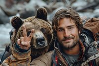 Playful selfie moment of a young Caucasian male adventurer with beard and curly hair posing with friendly brown bear showing peace sign, outdoor wildlife photography concept.