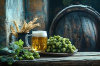 Fresh beer mug with foam surrounded by green hops and wheat ears near wooden barrel in rustic brewery setting for craft brewing and oktoberfest celebrations.