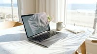 Laptop on marble desk by sunny window with palm shadow, coffee mug and plant, remote work setup with ocean view background.